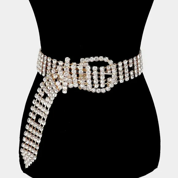 Gold Crystal Embellished Chain Shiny Bling Belt Cute Fashion Statement Accessory - Picture 1 of 3